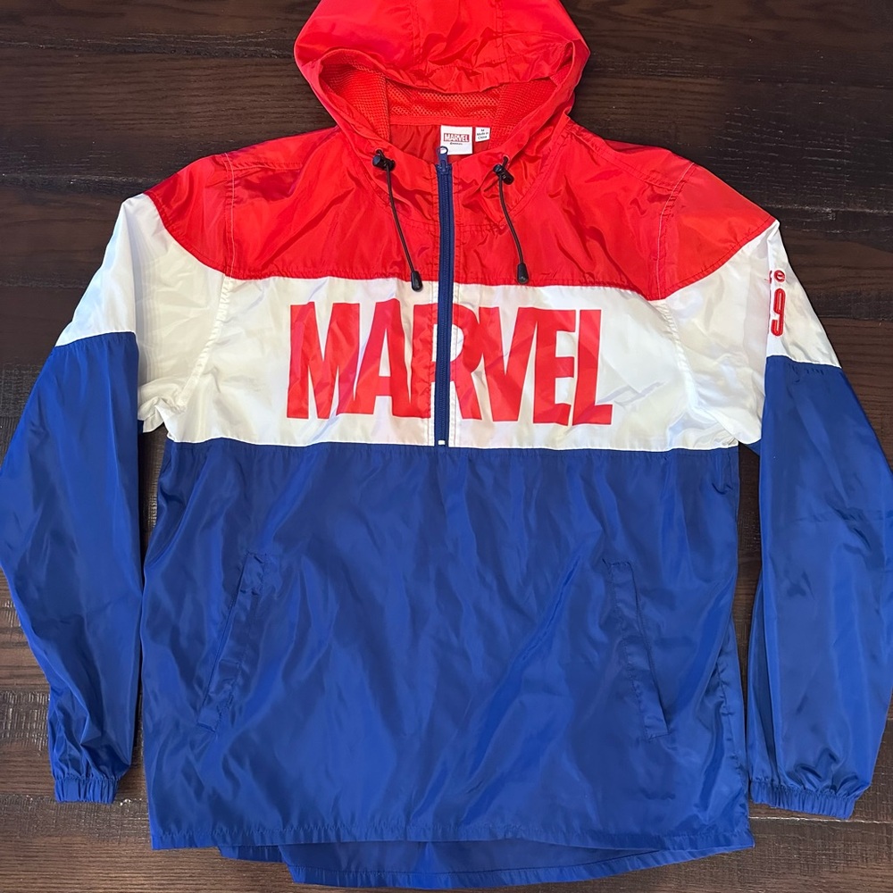 Marvel Jacket Mens Medium Red White And Blue Hooded Pullover Windbreaker 1/4 Zip
